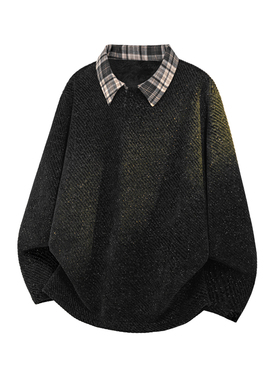 OCW潮牌 格子衬衫领拼接假两件卫衣男2026春秋新款小香风打底衫男