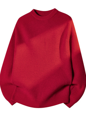 OCW潮牌 简约红色套头宽松毛衣男2026秋冬新款慵懒风针织衫本命年