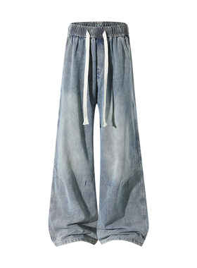 OCW潮牌 美式复古抽绳牛仔裤男2026春秋新款直筒水洗耐磨休闲长裤