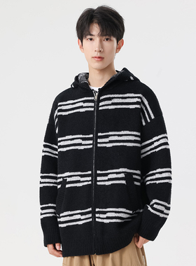 OCW潮牌 复古条纹连帽貂毛开衫毛衣男2026百搭宽松休闲针织衫外套