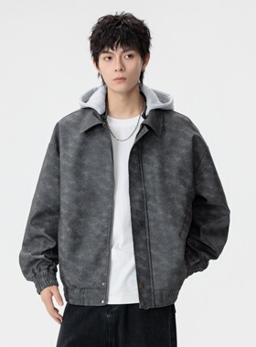 OCW潮牌 假两件PU皮夹克男2026春秋新款青少年宽松百搭工装外套男