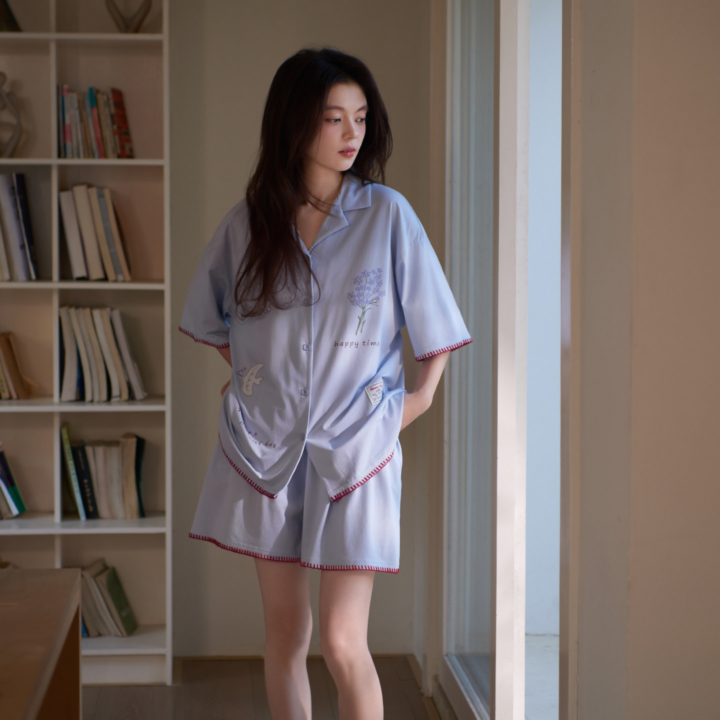 思莉太太冰凉天丝棉睡衣女款2026新款夏天短袖短裤法式蓝色家居服