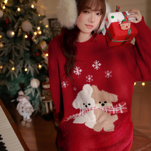 思莉太太冬季睡裙女款睡衣半边绒加厚红色新年本命年毛绒家居长裙