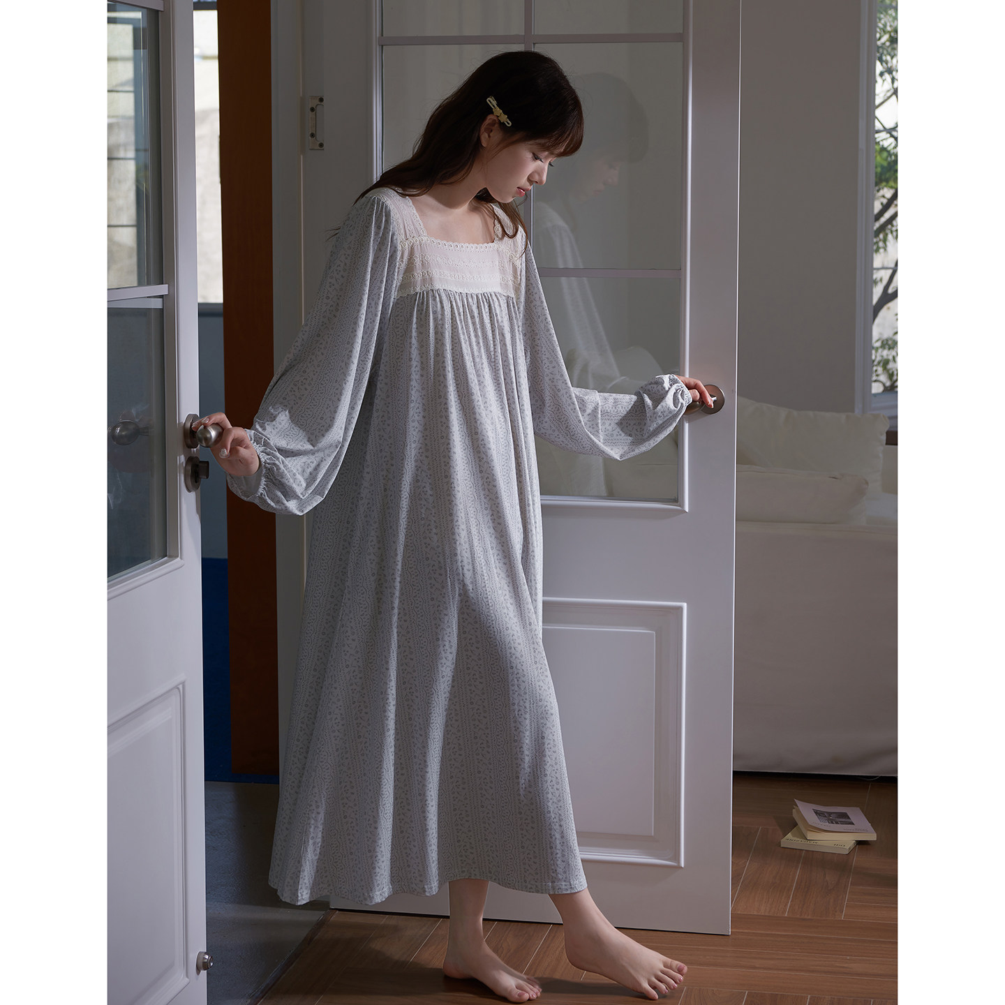 思莉太太凉感莫代尔睡裙女款春秋长袖法式碎花高级感御姐睡衣长裙