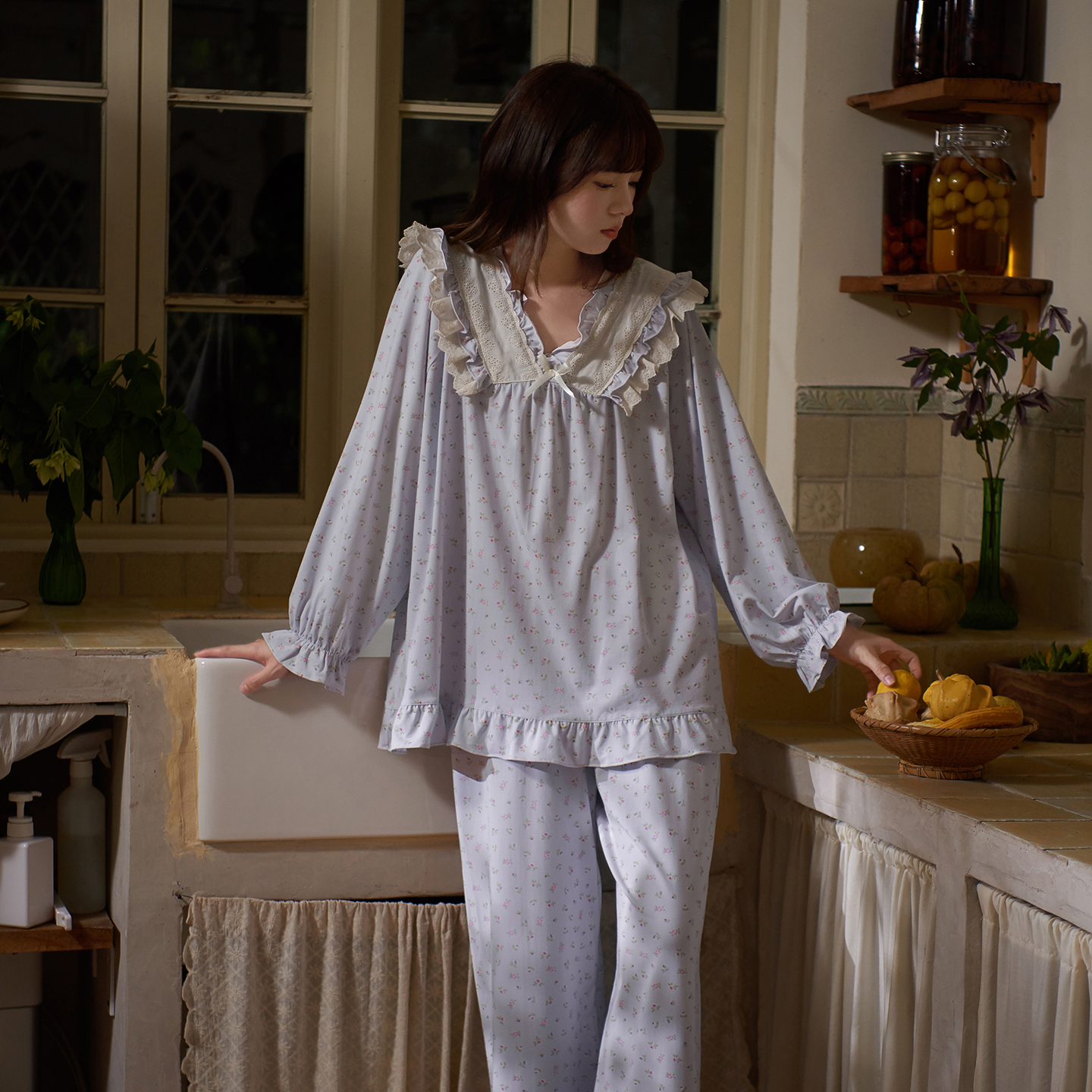 思莉太太公主风甜美碎花睡衣套装