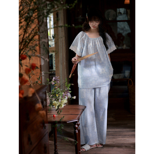 思莉太太梭织睡衣纯棉布料100全棉夏天短袖长裤女士民族风家居服