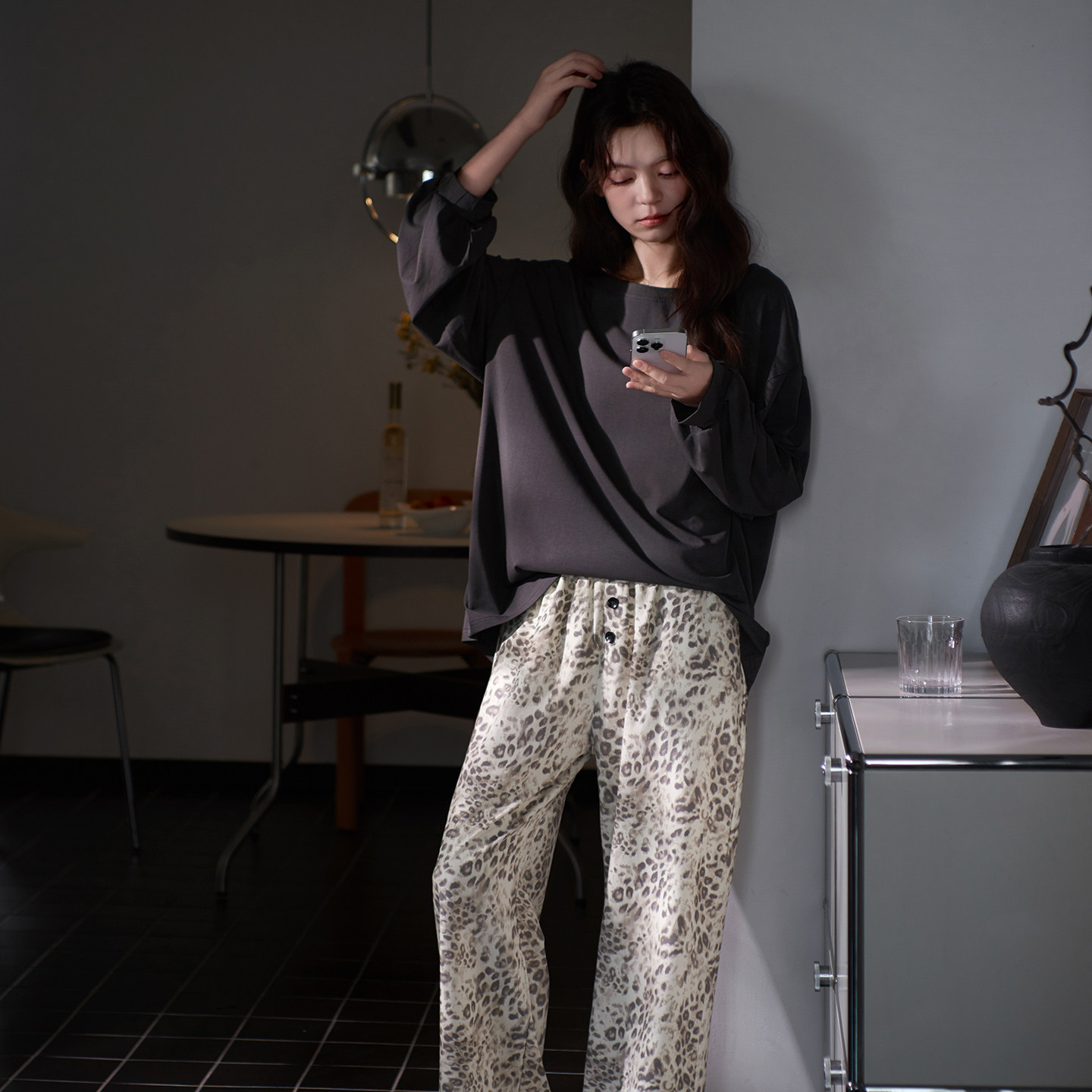 思莉太太莫代尔睡衣女款长袖高级感豹纹长裤时尚洋气可外穿家居服