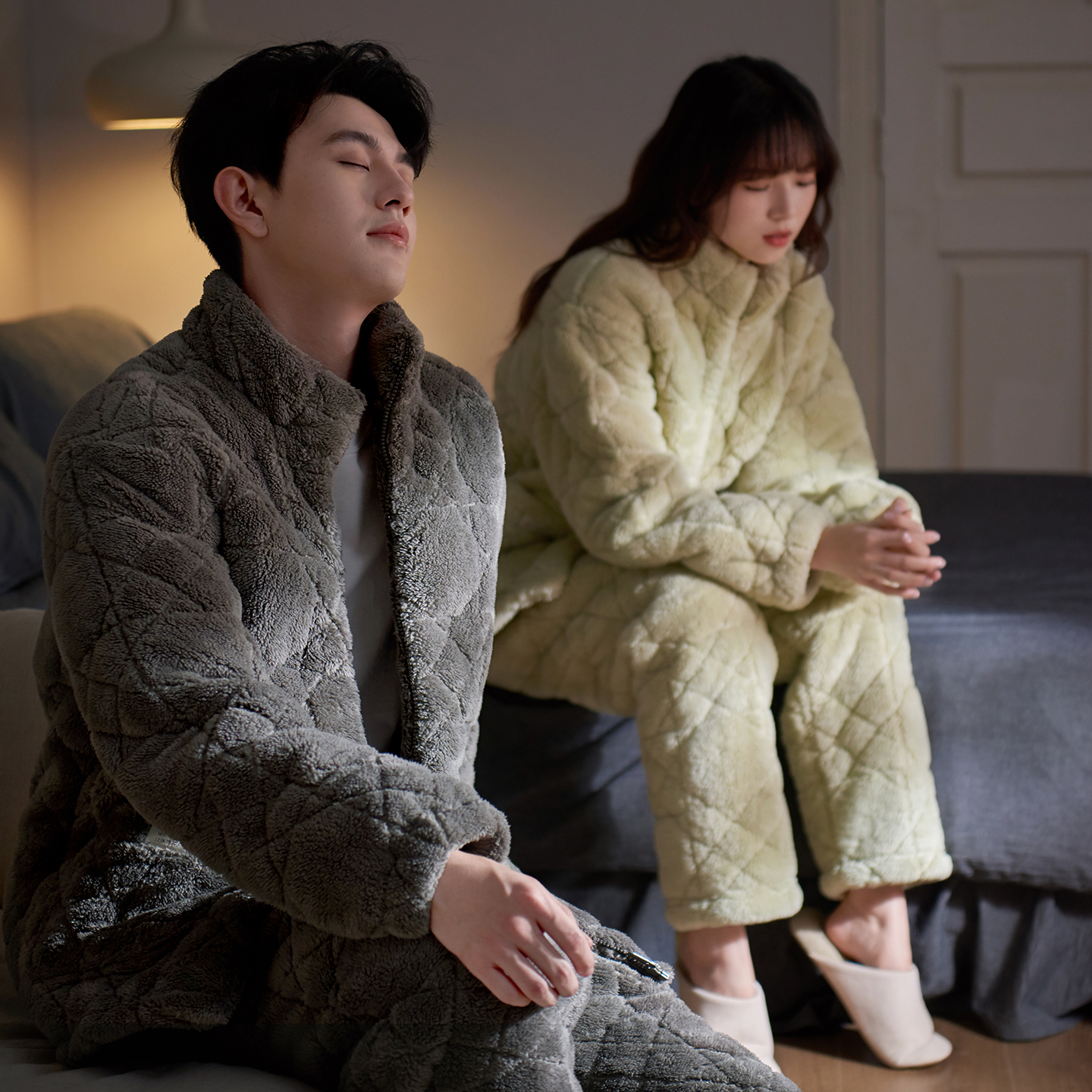 思莉太太情侣珊瑚绒夹棉棉袄睡衣