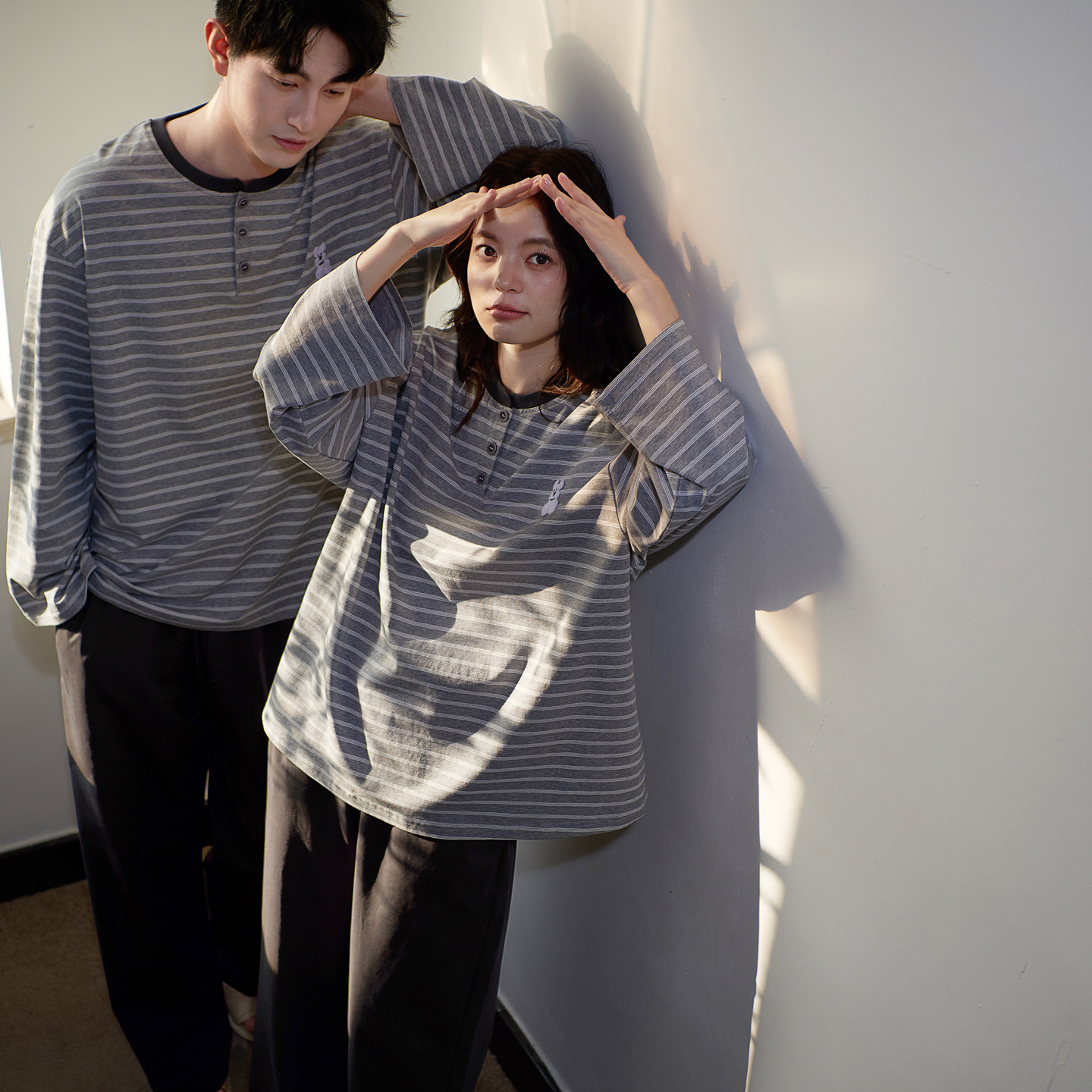 思莉太太情侣睡衣女款纯棉长袖美式条纹可外穿出门男士春季家居服