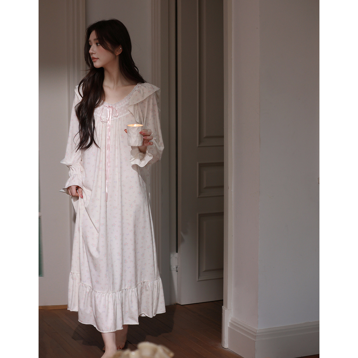 思莉太太莫代尔睡裙女款长袖春夏超火绝美独特碎花公主风长款睡衣