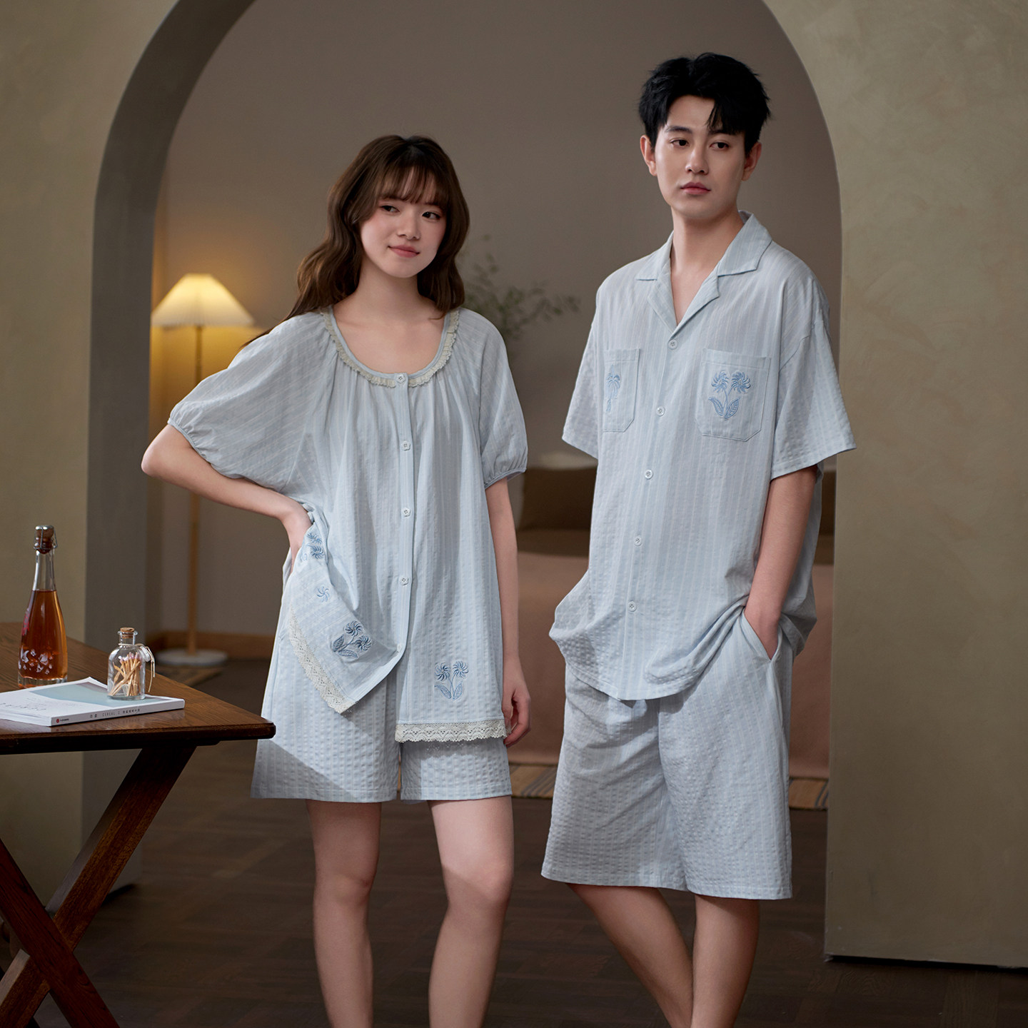 思莉太太情侣纯棉睡衣女2026新款短袖短裤夏季男士蓝色度假家居服