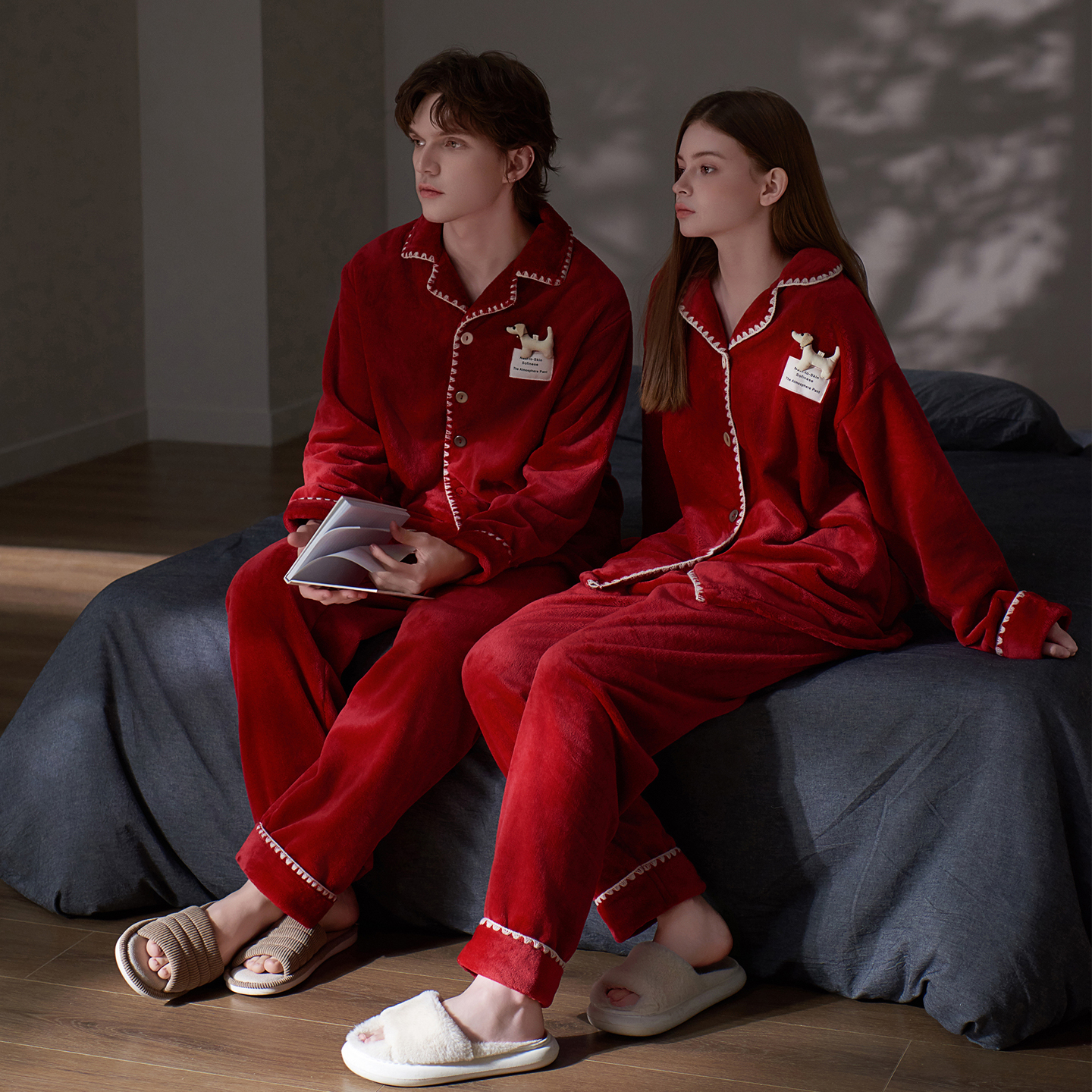 思莉太太珊瑚绒红色结婚情侣睡衣