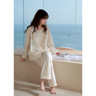 思莉太太睡衣女春秋款 白色韩系宽松可外穿家居服 2025新款 纯棉长袖