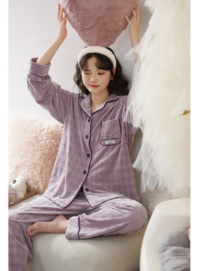 思莉太太海岛绒睡衣冬季女薄绒紫色时尚2023新款秋冬款妈妈家居服