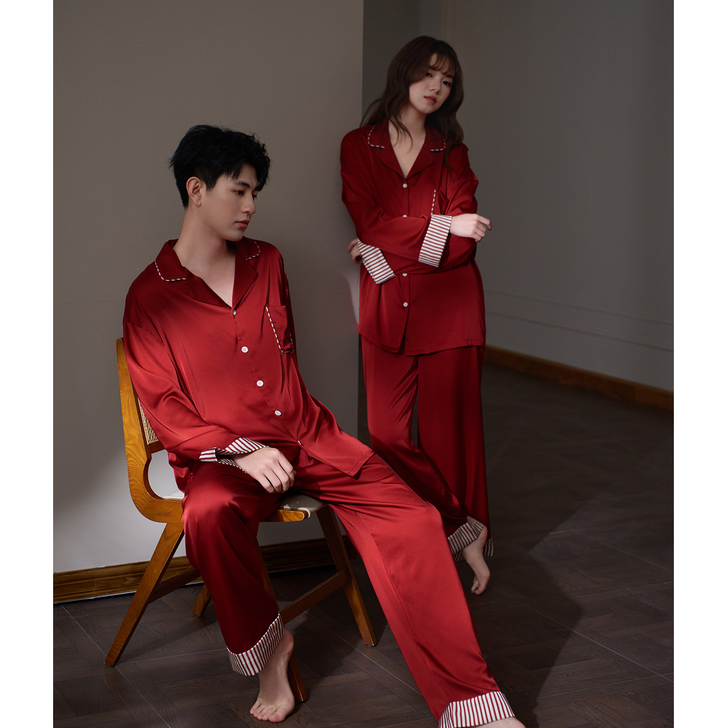 思莉太太红色冰丝情侣睡衣女款长袖春季高级感男士结婚新婚套装