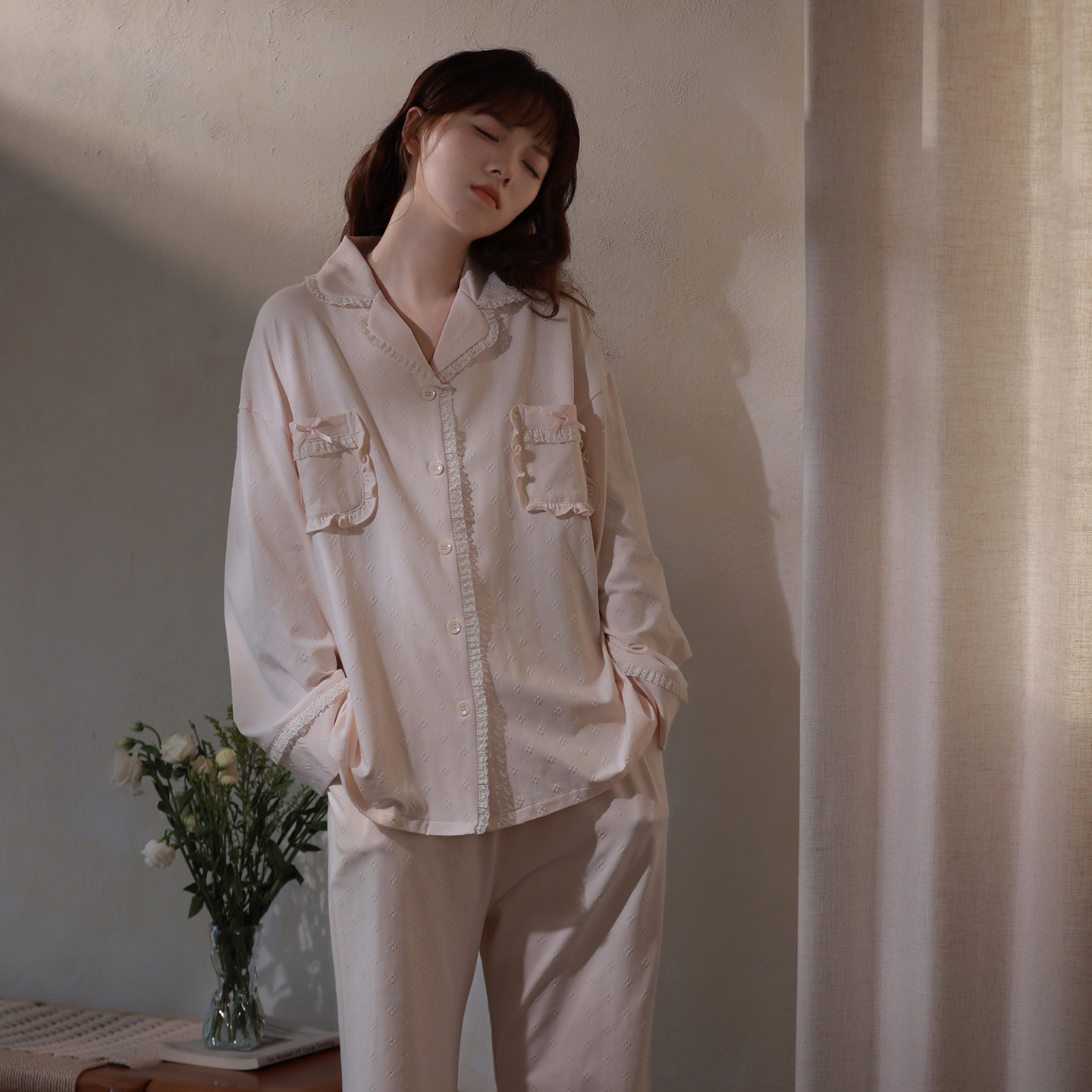 思莉太太纯棉女士睡衣长袖独特绝美粉色口袋遮胸防凸点春天家居服