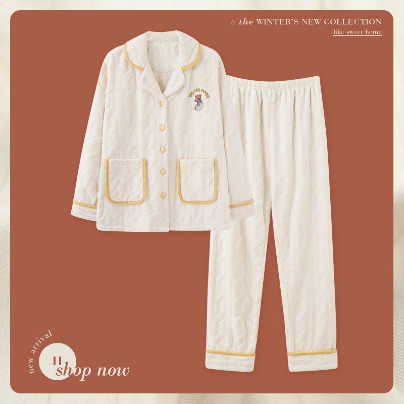 思莉太太珊瑚绒睡衣女冬款2021年新款冬季加厚加绒网红白色家居服