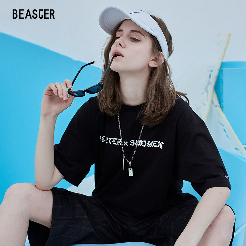 2024夏季潮牌纯棉BEASTER联名款_情侣嘻哈爪痕字母短袖T恤男女ins