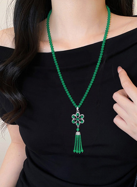 绿色镶钻水滴蝴蝶流苏吊坠长款绿珠项链百搭秋冬毛衣链女挂件配饰