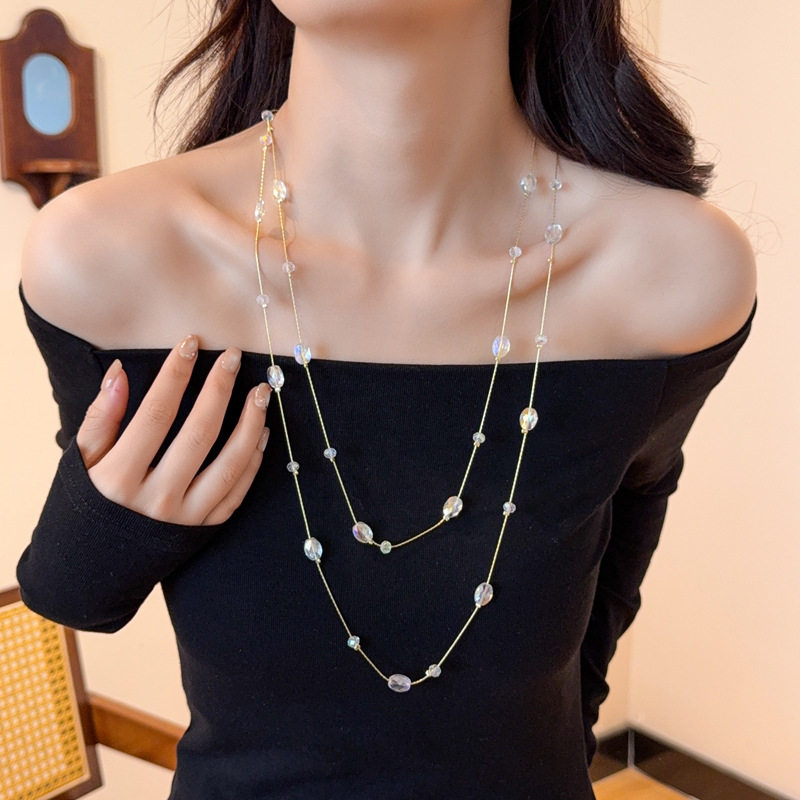 新款气质双层珍珠叠戴水晶项链女百搭法式长款毛衣链服装配饰挂件