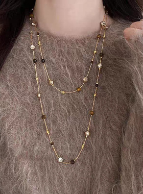 美拉德虎眼石叠戴仿珍珠毛衣链女