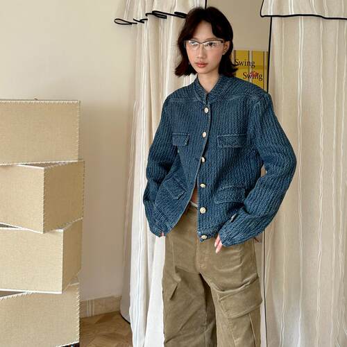 fifth 小众设计感老钱调牛仔外套女机理感小香风外套H型立领夹克