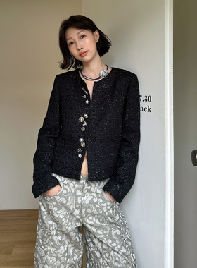 fifth 名媛小香风外套女ran珍藏重工不规则多纽扣装饰小香短外套