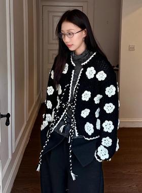 fifth 法式设计感针织开衫女2024秋冬新款小众立体花朵镂空毛衣