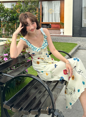 fifth 法式印花连衣裙女夏ffu新款撞色碎花吊带连衣裙收腰鱼尾裙