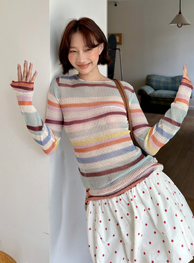 fifth 天丝亚麻混纺针织衫女夏2025新款ffu镂空彩虹条纹防晒罩衫