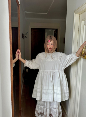 fifth 法式设计感娃娃裙2026夏季新款蕾丝拼接7分袖宽松连衣裙白