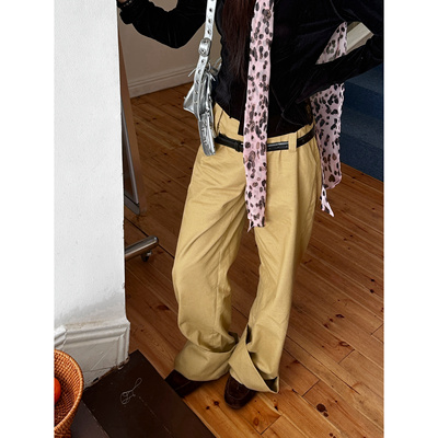 设计感卷边阔腿裤低腰直筒休闲裤