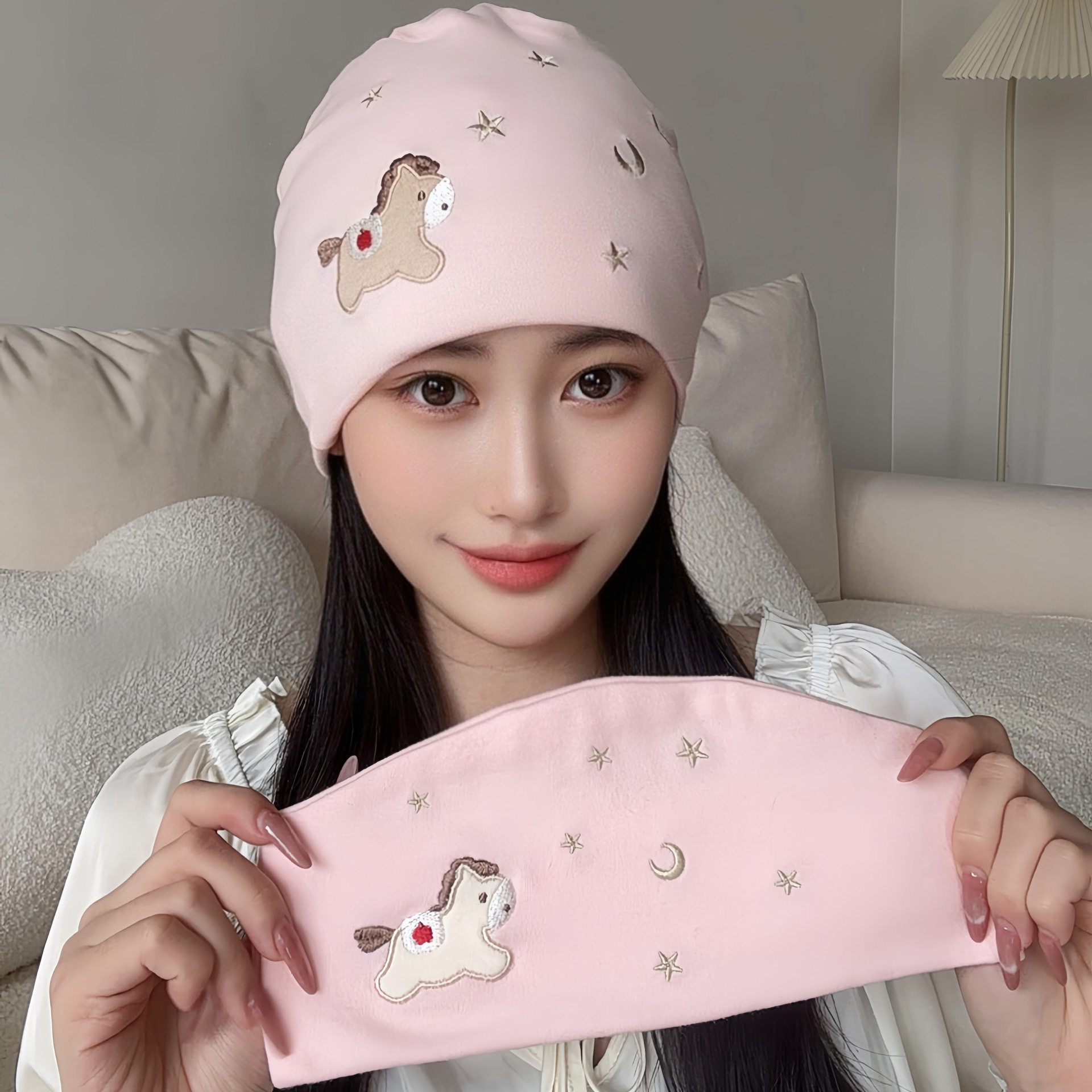 春夏薄款星月小马刺绣月子帽产妇防风护头套头帽孕产妇时尚头巾帽