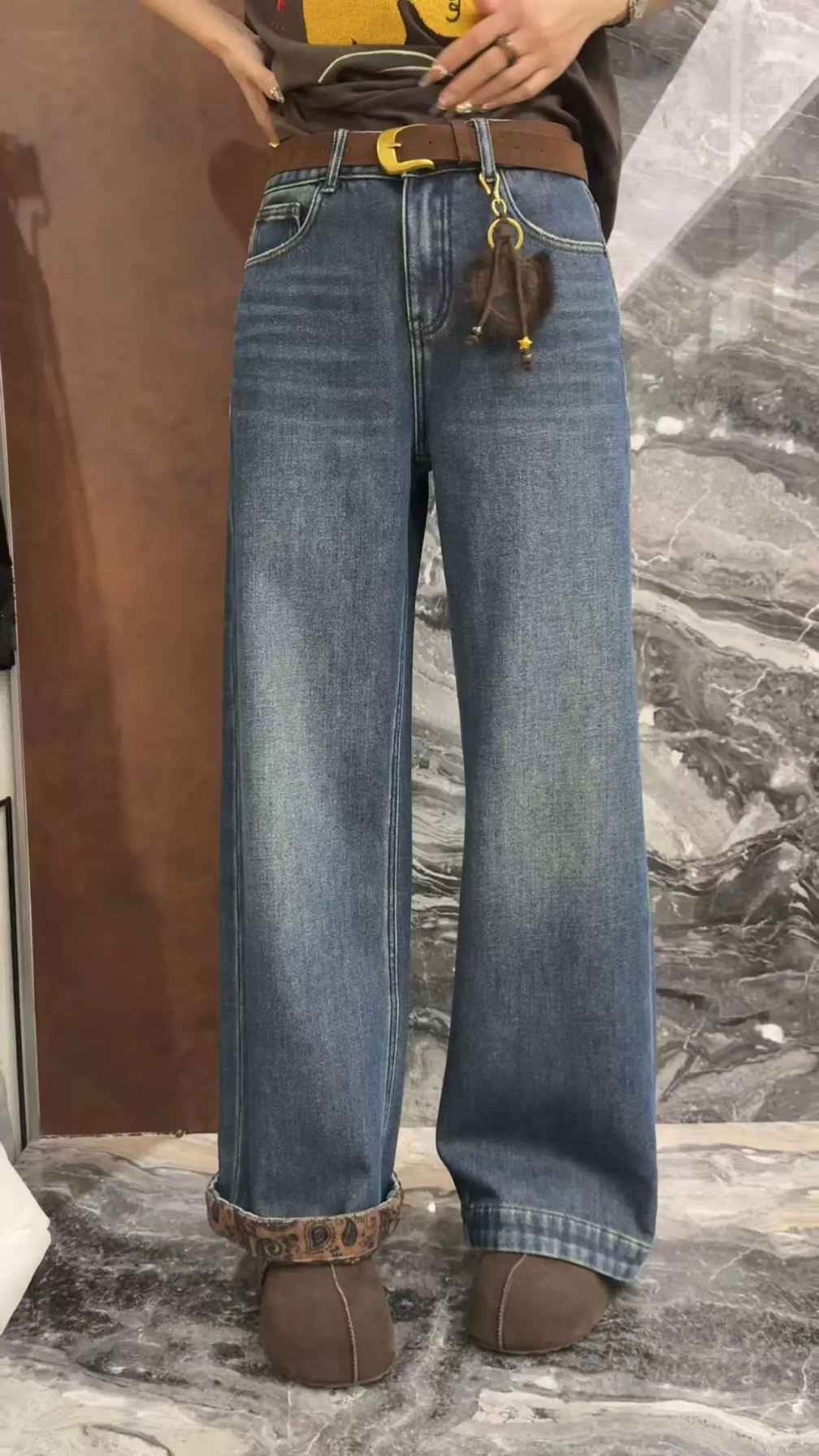 欧洲站25秋冬Dong.one高腰洋气腰果花卷边显瘦直筒加绒百搭牛仔裤