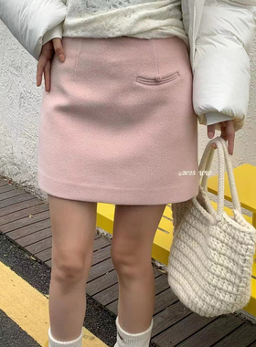 欧洲站25秋冬V+.COM新款高腰显瘦加厚小个子包臀短裙a字毛呢半裙