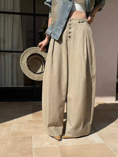 长裤 极简风多纽扣百搭宽松弯刀休闲阔腿裤 .COM新款 欧洲站2026春V
