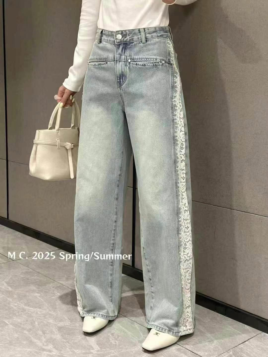 欧洲站26春季新款DT.dong高腰拼接蕾丝刺绣显瘦直筒牛仔裤女25068