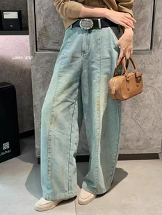 欧洲站2025秋冬V+.COM复古浅色高腰加绒牛仔裤女显瘦宽松弯刀裤女