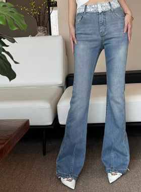 欧洲站25春季V+.COM蓝色微弹牛仔裤蕾丝腰边微喇裤显瘦修身长裤女