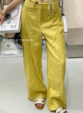 欧洲站25夏季V+.COM新款高腰系带百搭亚麻天丝休闲直筒裤纯色长裤