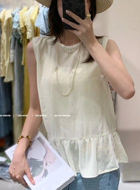 欧洲站25秋季V+.COM新款圆领无袖荷叶边简约纯色休闲舒适丝绒背心