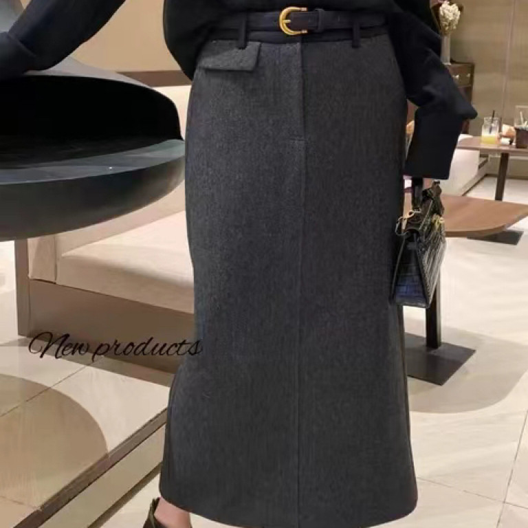 欧洲站2025秋冬V+.COM新款百搭撞色腰头后开叉半身裙毛呢长裙女