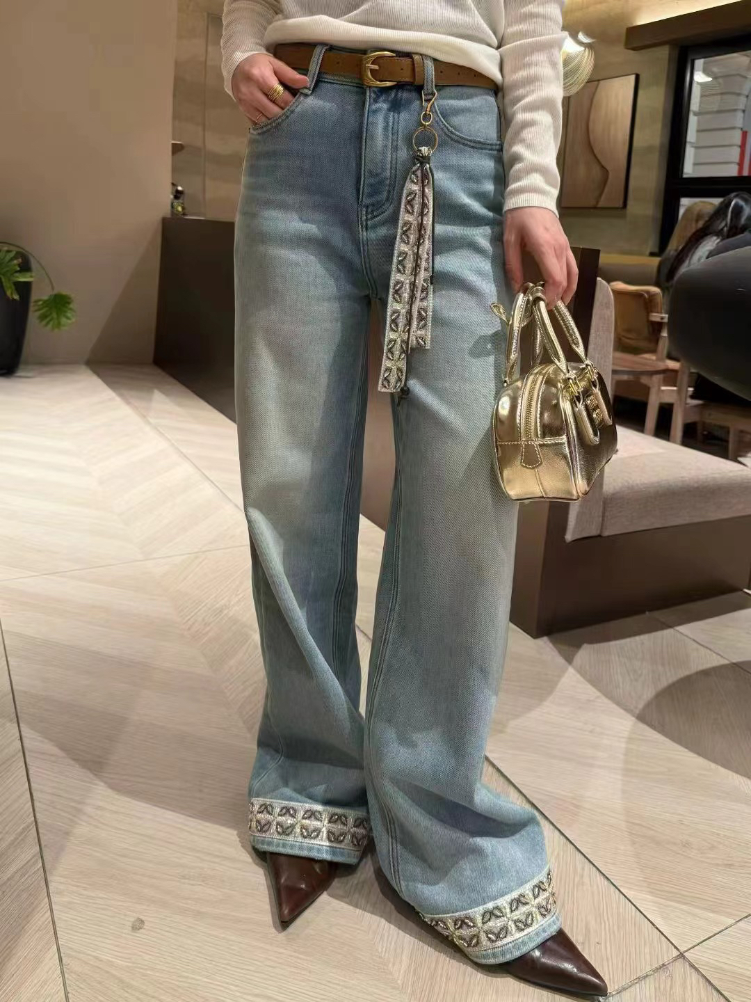 欧洲站25秋冬DT.Dong重工钉珠刺绣边名族风加绒加厚阔腿牛仔裤女