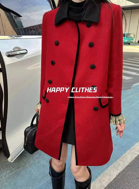 欧洲站25秋冬V+.COM文艺千金范撞色双排扣灰色双面毛呢大衣中长款