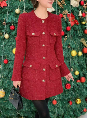 欧洲站2025秋冬V+.COM新小香风连衣裙红色名媛千金高级感收腰外套