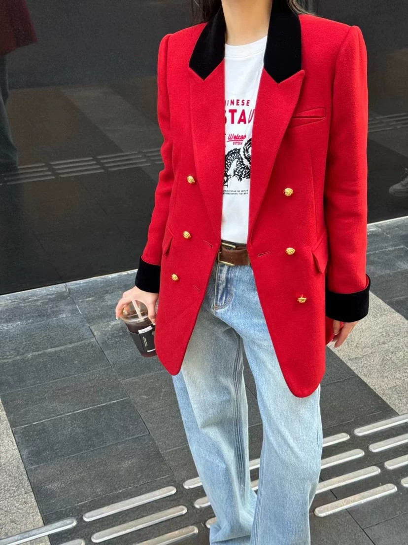 欧洲站25冬季新V+.COM复古老钱风毛呢西装外套女腰带修身显瘦气质