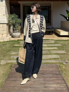 立领配针织条纹披肩百搭宽松短款 .COM新款 风衣外套 欧洲站26春季