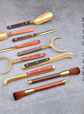 纯铜实木茶道六君子套装茶夹养壶笔茶叉茶勺茶刀泡茶工具茶具配件