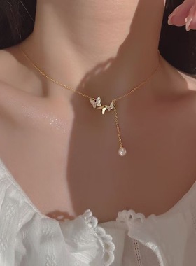 韩版时尚蝴蝶流苏仿珍珠吊坠项链