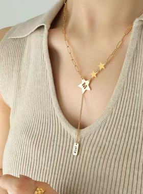 超显脖劲长M字母五角星星流苏项链女款ins风高级感锁骨链通体钛钢